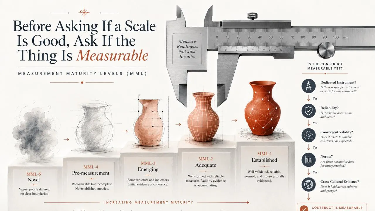 An infographic of the five Measurement Maturity Levels: five vessels rising from a formless cloud of smoke to a finished glazed pot, beside a steel caliper and a checklist of measurability criteria.