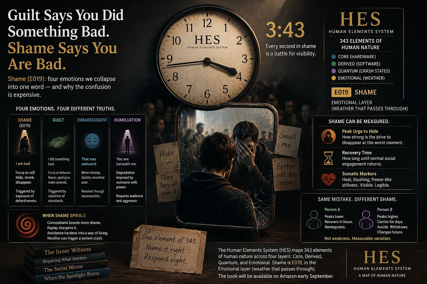 A dark infographic comparing shame, guilt, embarrassment and humiliation in four columns, beside a clock face and a figure sitting with their head in their hands.