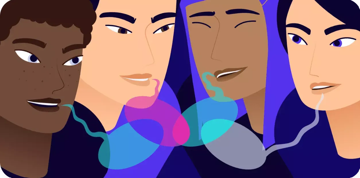 An illustration of four faces from different parts of the world seen in profile, linked by threads that meet in overlapping translucent speech shapes.