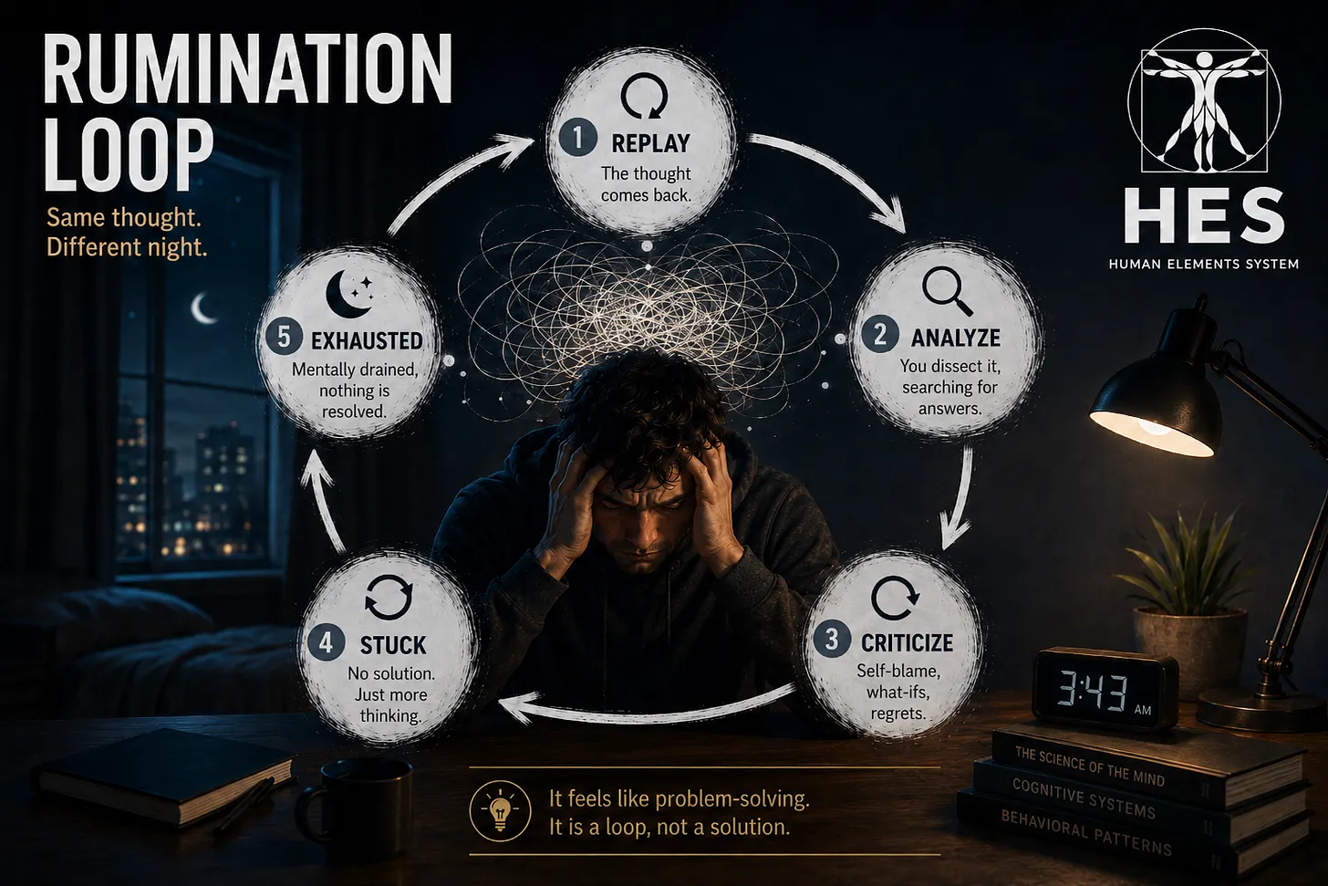 A five-step diagram of the rumination loop — replay, analyse, criticise, stuck, exhausted — circling a person holding their head in a darkened bedroom.