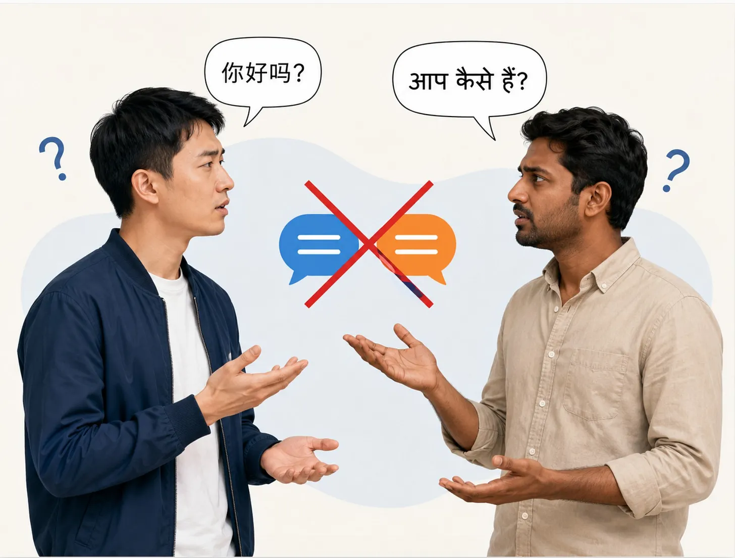 Two men gesturing at one another in conversation, their speech bubbles written in Chinese and Hindi, with a red cross struck through the chat icons between them.